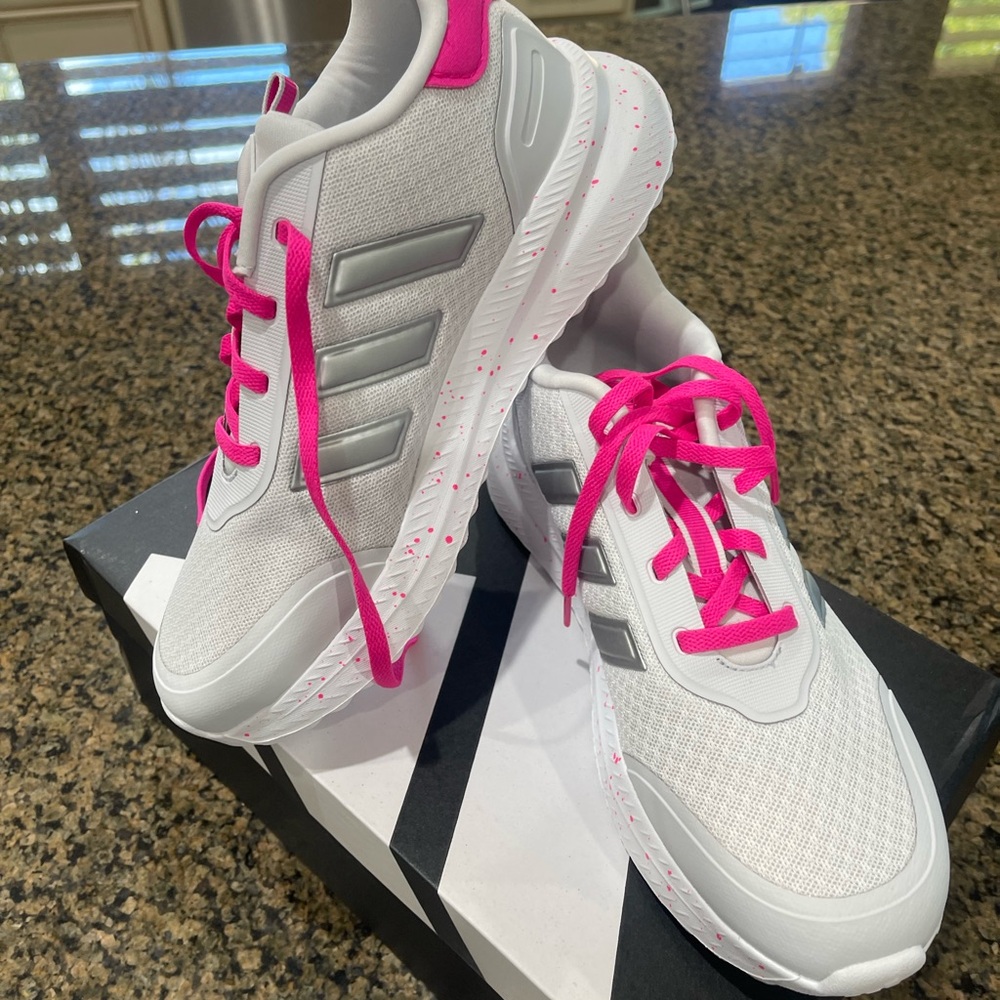 Adidas Women's White and Gray Sneakers with Pink Accents